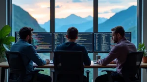 Modern software development workspace with multiple monitors displaying code, developers collaborating, natural lighting from large windows overlooking mountains, professional yet creative atmosphere