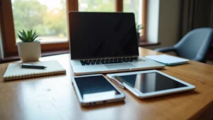 Professional laptop, tablet, and smartphone arranged on wooden desk with notebook and pen, natural daylight, tech workspace aesthetic