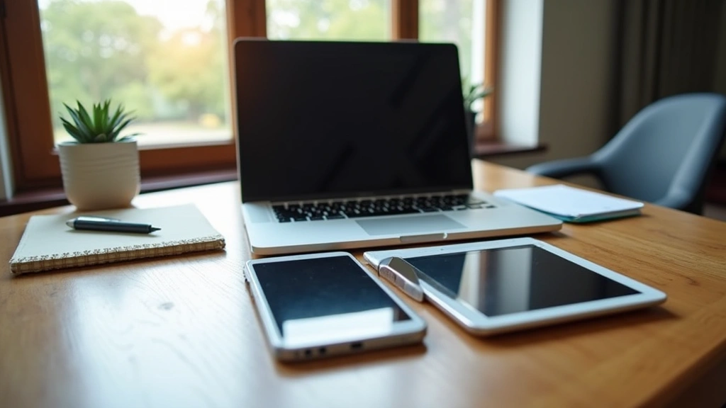 Professional laptop, tablet, and smartphone arranged on wooden desk with notebook and pen, natural daylight, tech workspace aesthetic