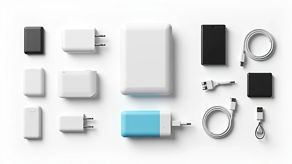 Collection of portable chargers, power banks, and USB cables neatly organized on white background, various sizes and colors visible