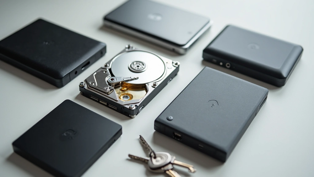 External hard drives, backup storage devices, and security keys displayed in organized arrangement on neutral surface, tech accessories photography