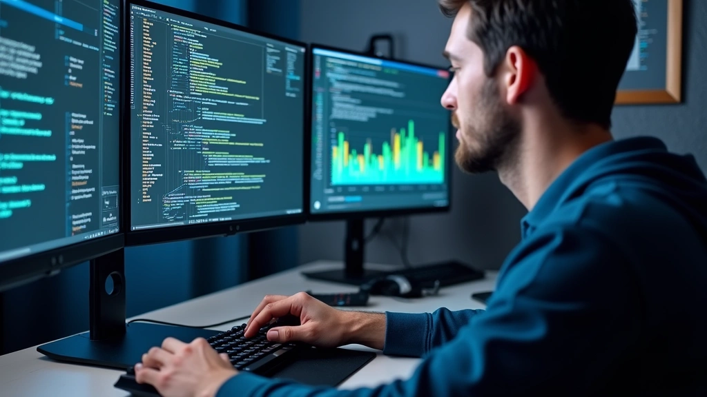Focused software developer typing code on mechanical keyboard with multiple monitors displaying complex algorithms and data visualizations in a modern tech workspace