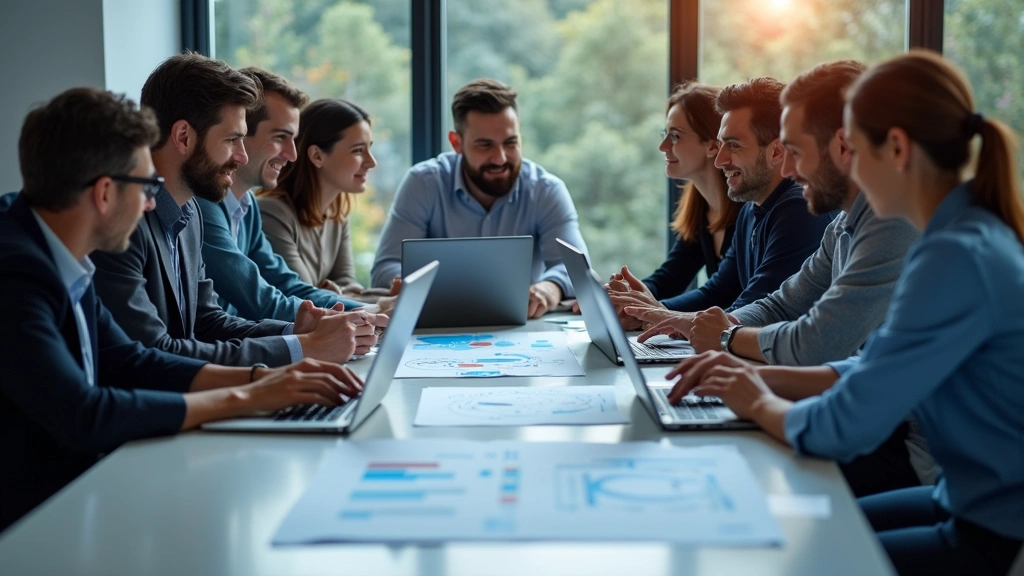 Diverse team of technology professionals collaborating around a conference table with laptops and technical diagrams, engaged in problem-solving discussion