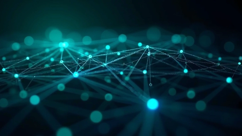 Network infrastructure visualization showing interconnected nodes and data flow paths in blue and green holographic style against dark background