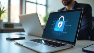 Professional businessman using secure encrypted email on modern laptop computer in office setting, showing padlock security icon on screen, clean minimalist desk background, natural daylight through windows