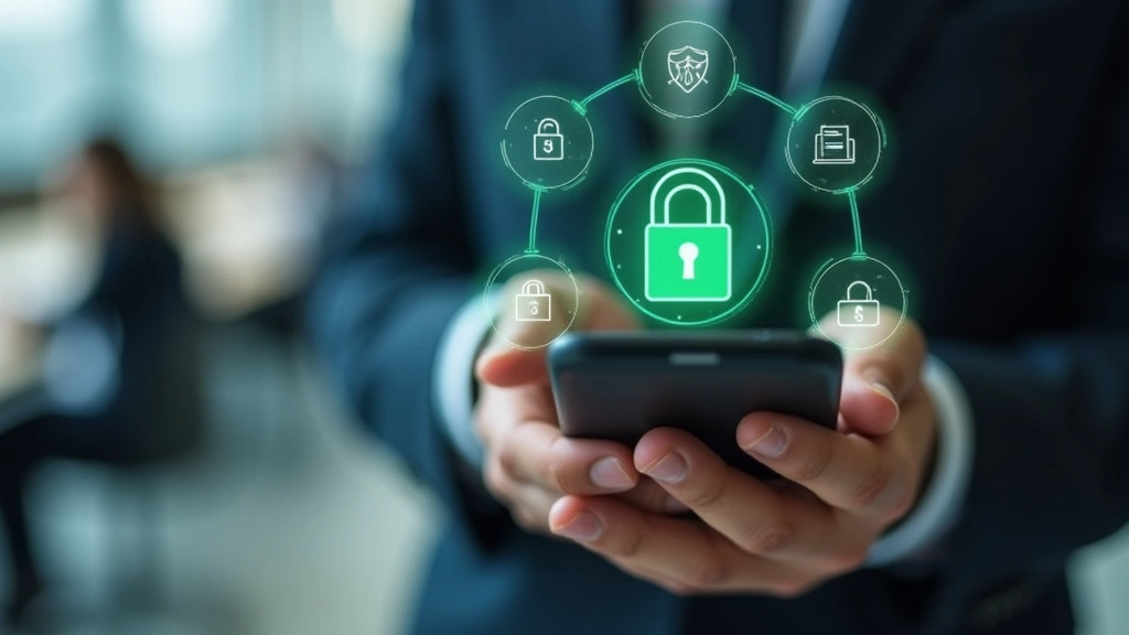 Close-up of smartphone displaying secure email application interface with end-to-end encryption indicators, green security badges, professional modern design, hands holding device, blurred office environment