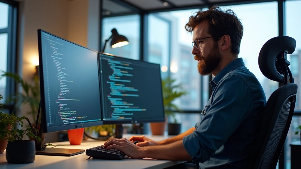 Professional developer working at modern tech workspace with dual monitors displaying code, sitting at ergonomic desk with mechanical keyboard and mouse, natural daylight from windows, contemporary office environment with tech gadgets