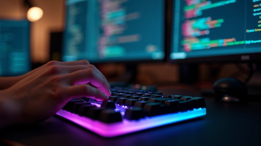 Close-up of programmer's hands typing on backlit mechanical keyboard with code visible on secondary monitor in background, showing active development work, tech-focused workspace setup with professional peripherals