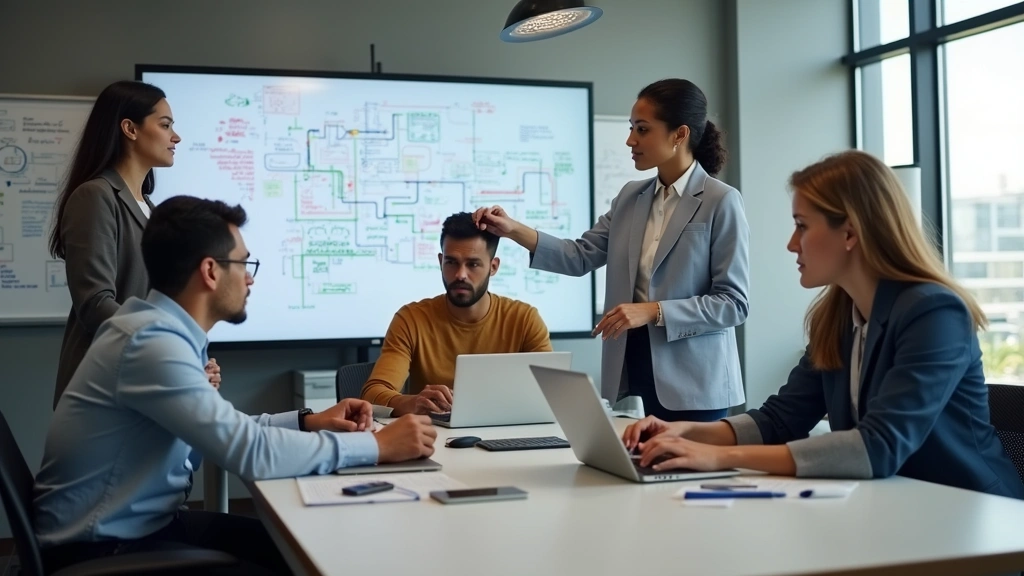Group of diverse tech professionals collaborating in modern office with laptops, whiteboards with technical diagrams, and standing desks, representing teamwork and innovation in tech industry environment