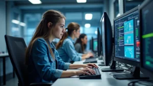 Modern college laboratory with students using professional-grade networking equipment and computers, bright overhead lighting, contemporary tech setup