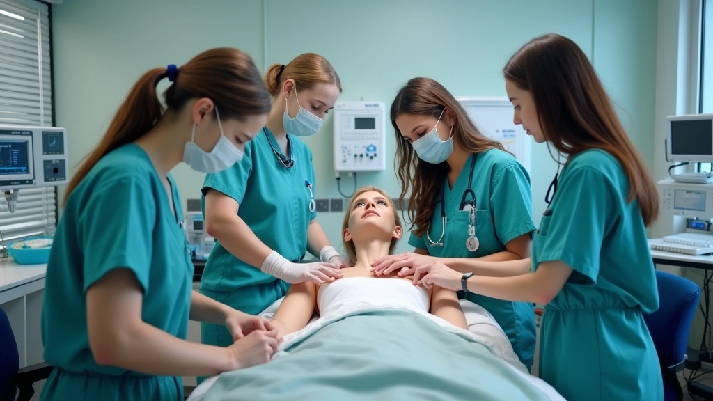 Healthcare simulation lab featuring medical mannequins and nursing students practicing clinical procedures, realistic hospital mock room setup with medical monitors