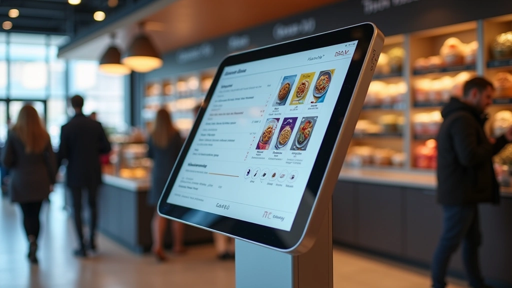 Modern touchscreen kiosk display with sleek metallic frame in busy retail environment, bright LED screen showing colorful menu interface, customers interacting naturally in background, professional lighting, daytime setting