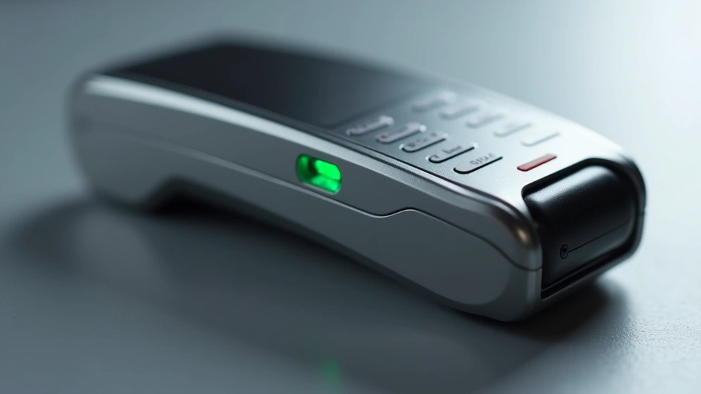 Close-up of advanced payment processor module with card reader and contactless sensor, metallic finish, showing security features and modern technology integration, professional product photography style, neutral background