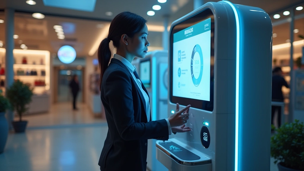 Futuristic self-service kiosk with AI-enabled features, voice interface microphone visible, biometric sensor area, modern minimalist design, glowing interface elements, technology-forward aesthetic, retail setting ambiance
