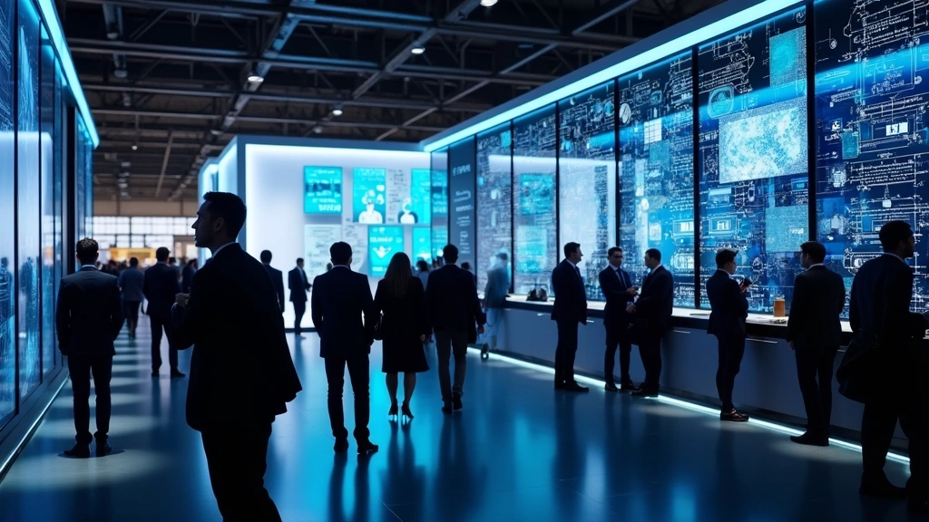 Professional tech conference attendees networking beside modern exhibition booths with glowing tech displays and digital screens
