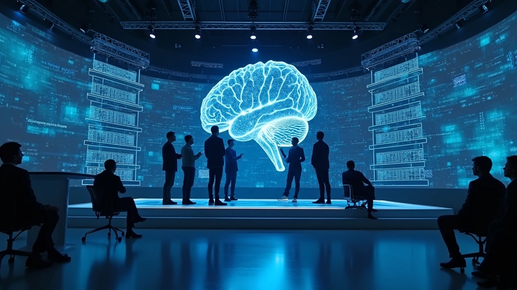 Cutting-edge AI and machine learning equipment demonstrations with holographic displays and advanced computing hardware in bright conference setting