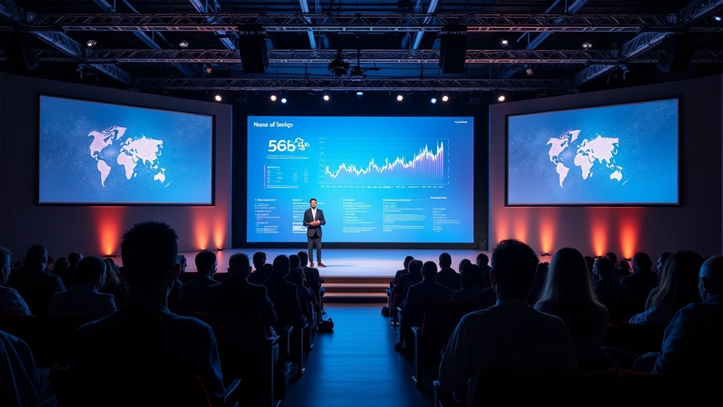 Tech conference keynote stage with large screens displaying data visualizations and audience members taking notes, modern auditorium lighting