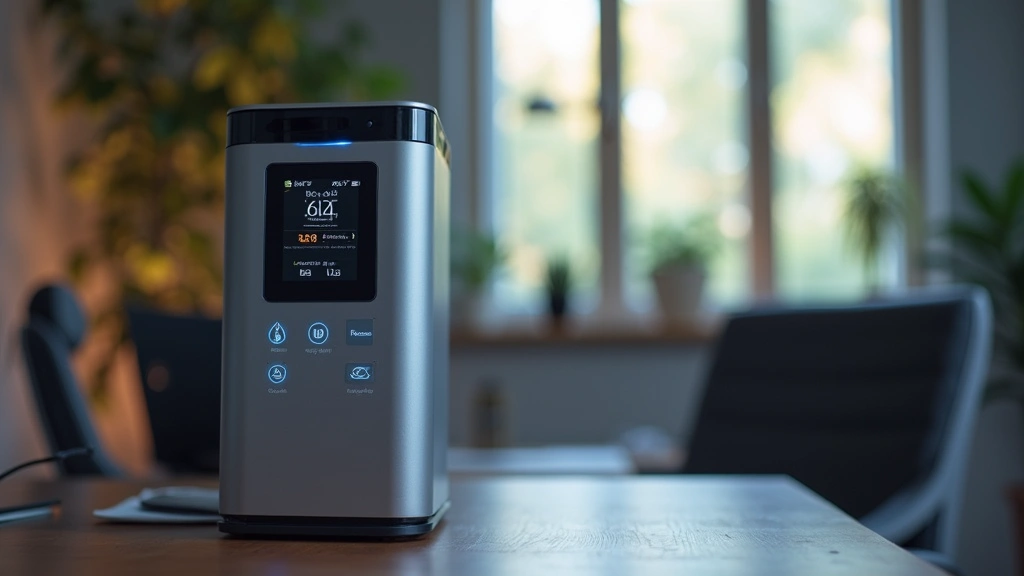 Professional air purification device with illuminated sensors and digital display showing air quality metrics in a modern minimalist home office environment