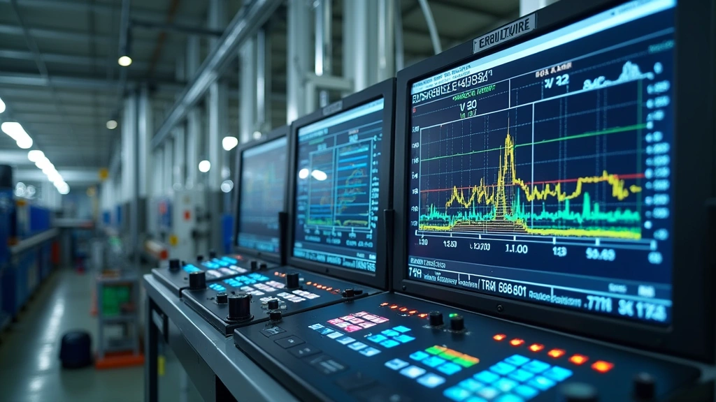 Industrial facility with advanced emission monitoring equipment, sensor arrays, and control panels displaying real-time pollutant concentration data