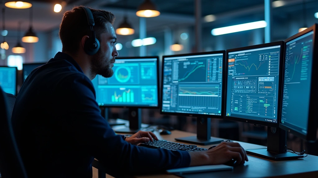 Professional technical engineer at workstation with multiple monitors displaying system diagnostics and performance metrics, modern tech support center environment with professional lighting