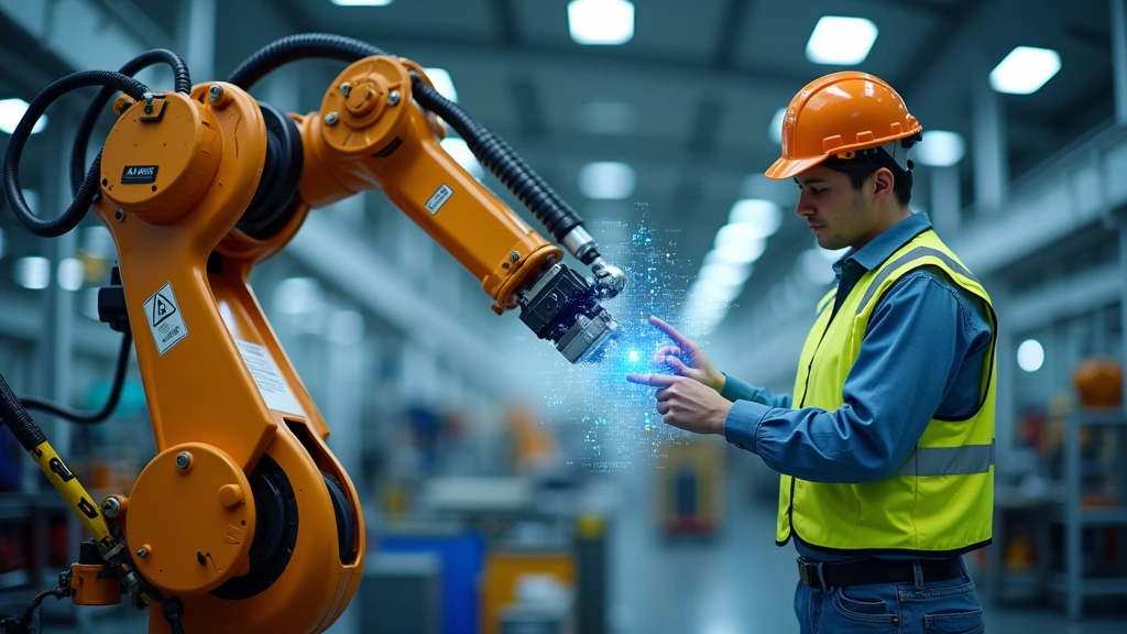 Industrial robotic arm in manufacturing facility with ABB branding visible, technician in safety gear performing maintenance with digital overlay showing diagnostic data