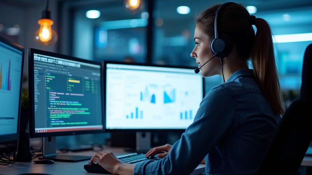 Customer service representative wearing headset at desk with computer screens showing ticket management system, network infrastructure diagrams, and support metrics dashboard in background