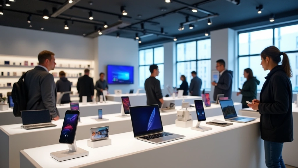 Modern electronics retail showroom interior with organized product displays, smartphones on illuminated stands, laptops arranged on demo tables, customers examining devices, bright professional lighting, clean minimalist design aesthetic