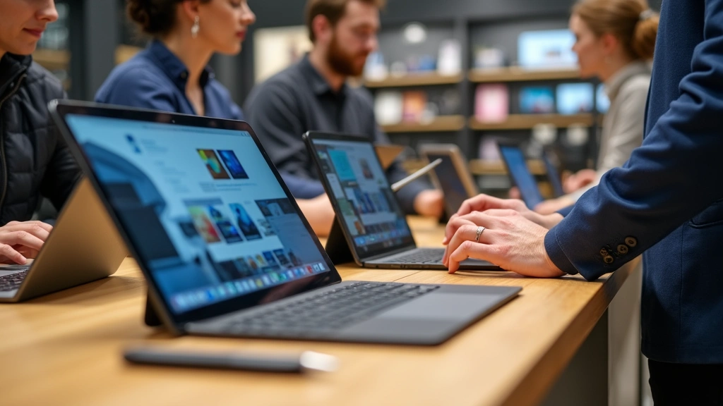 Close-up of tablet and laptop display area in retail environment, multiple devices showing different screen sizes, customers testing keyboards and touchscreens, organized shelving with accessories, professional retail ambiance