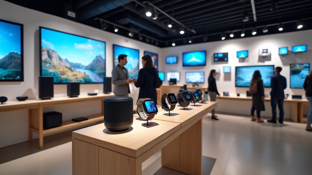 Smart home technology and wearable devices section in electronics showroom, smartwatches on display stands, smart speakers arranged on shelves, IoT gadgets demonstrated, customers interacting with interactive displays, modern retail lighting