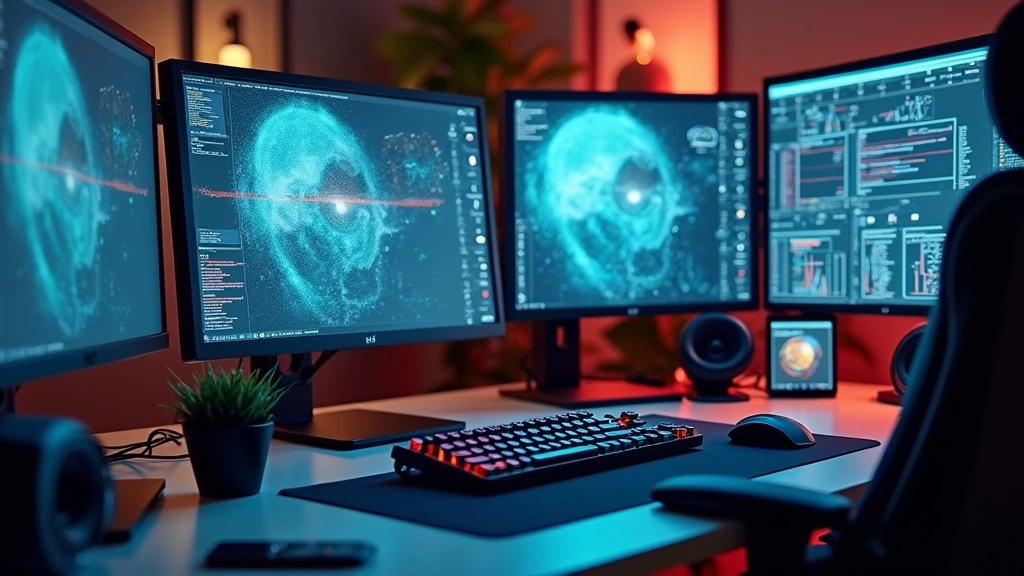 Professional tech workspace with multiple monitors, mechanical keyboard, and modern gadgets arranged on desk, neutral lighting, photorealistic detail