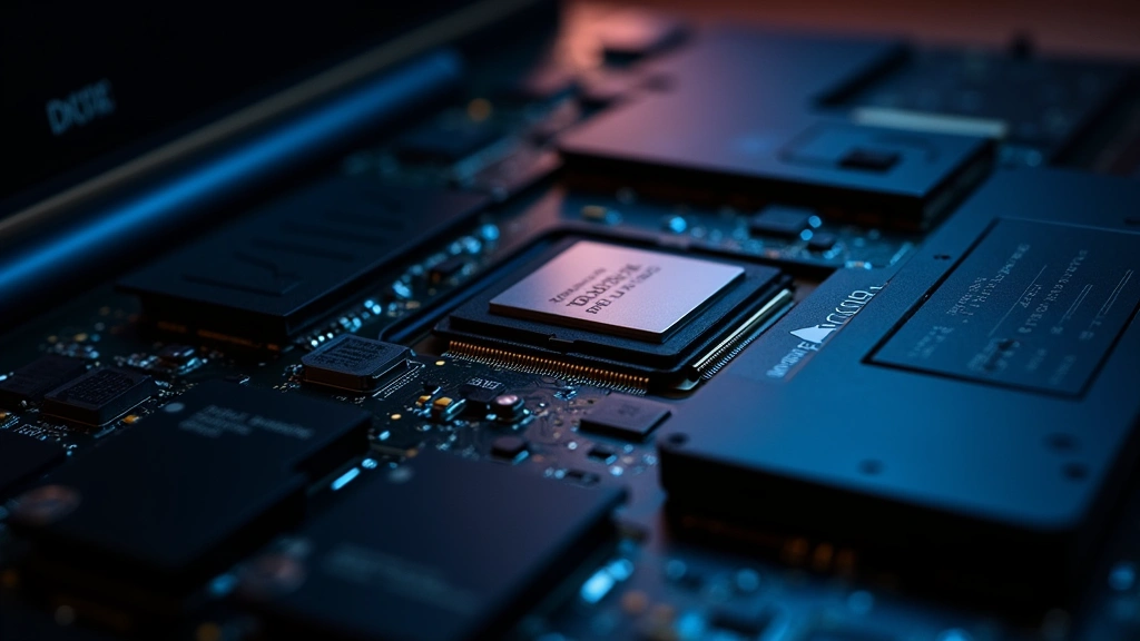 Close-up of laptop internals showing RAM modules, SSD drive, and processor with professional photography lighting against dark background