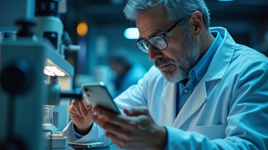 Tech reviewer testing smartphone performance with professional equipment, measuring tools visible, focused expression, modern laboratory setting