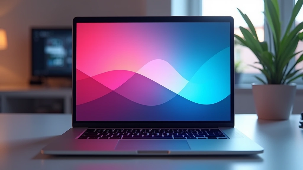 Professional aluminum laptop with OLED display open, showing vibrant color gradients, modern minimalist desk setup with soft lighting, no visible text or logos