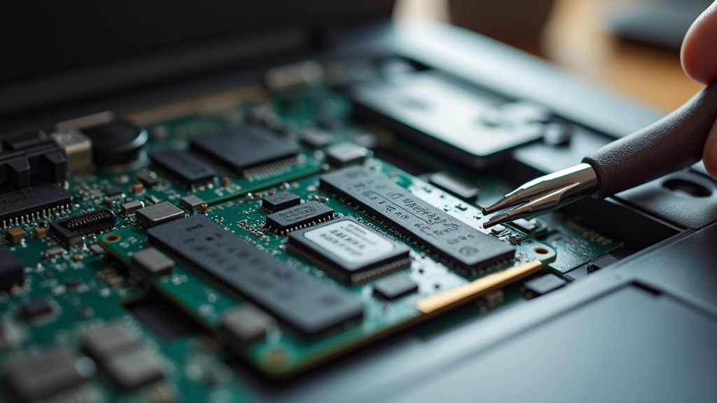Close-up of laptop internal components including RAM modules and SSD drive being installed, clean workspace with professional tools, macro photography style, neutral background
