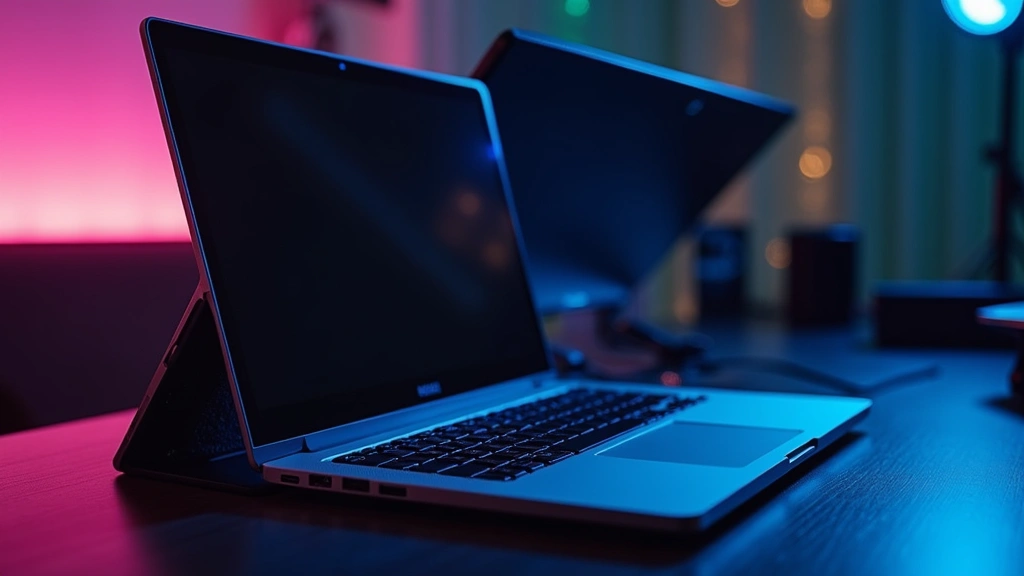 Sleek premium laptop positioned at angle on desk with ambient lighting, showing thermal design and aluminum chassis detail, modern tech workspace aesthetic, no screen content visible
