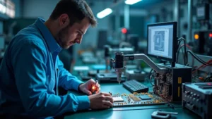 Professional tech reviewer examining advanced processor hardware on workbench with precision instruments and diagnostic equipment surrounding the microchip