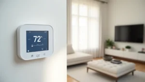 Modern smart thermostat display showing temperature control interface with blue LED digits mounted on white wall in contemporary living room with natural sunlight