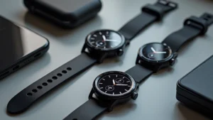 Flat lay of premium smartwatches arranged on minimalist desk with tech gadgets, showing multiple device displays and bands, professional photography lighting