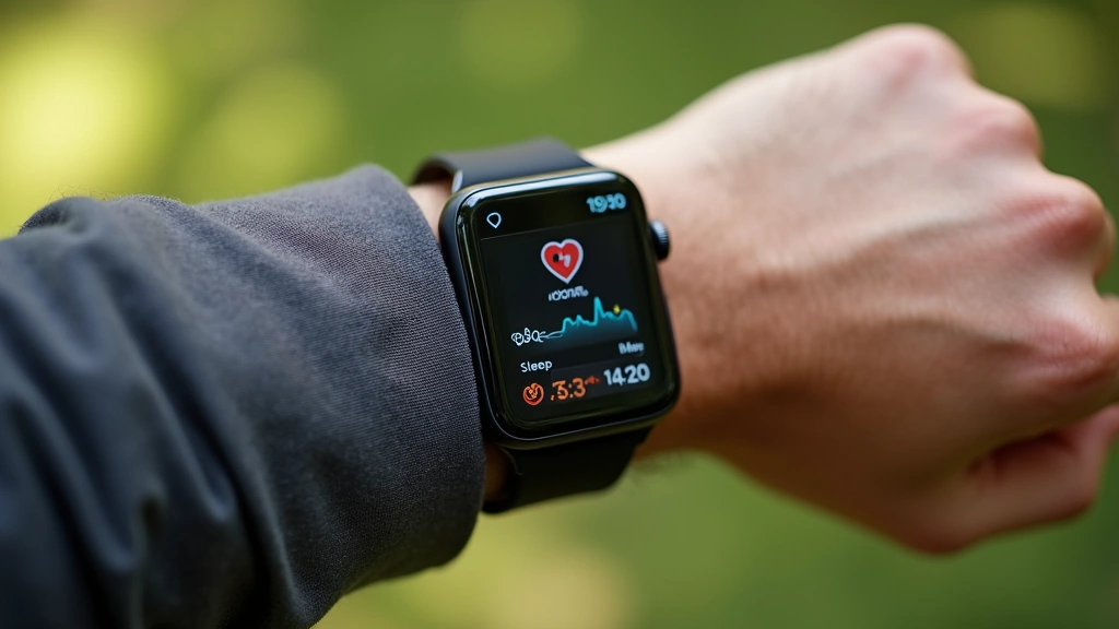 Close-up of smartwatch display showing health metrics dashboard with heart rate, steps, and sleep data, wrist-worn perspective in natural daylight