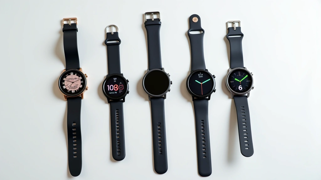 Smartwatch array on white surface featuring different brands and sizes, displaying various interface designs and screen types, top-down professional product photography