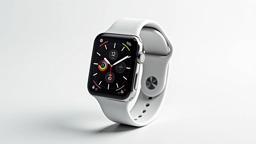 Premium aluminum smartwatch with AMOLED display showing time and notifications, photographed against minimalist white background, clean professional aesthetic, watch band visible, reflecting light on polished case