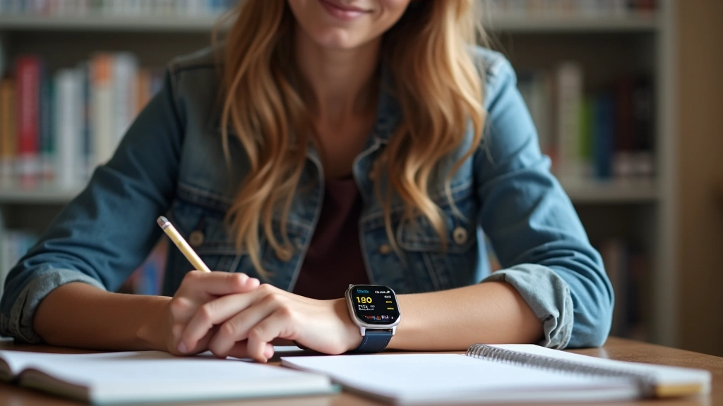 Student wearing Georgia Tech smartwatch during study session at campus library desk, watch face visible displaying calendar and notifications, natural indoor lighting, focus on wrist and watch display, academic environment context