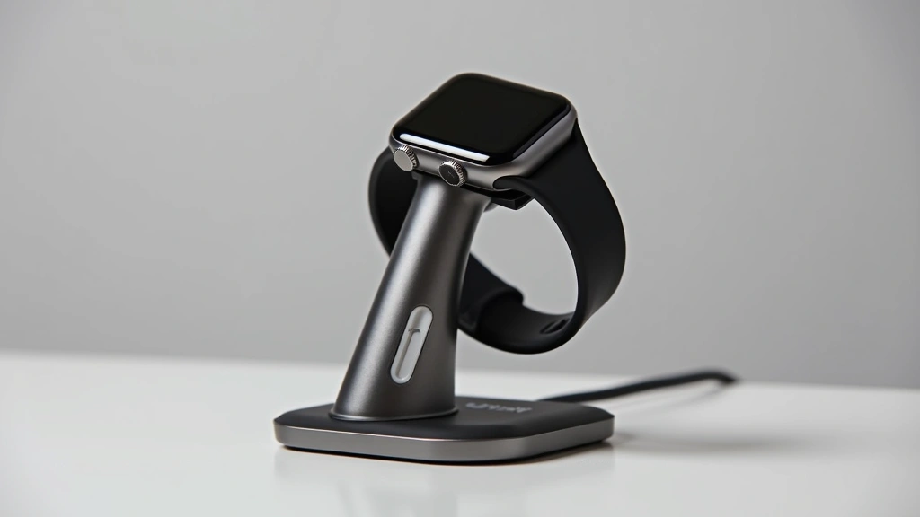 Smartwatch charging dock with magnetic connector, watch positioned for charging, close-up detail shot showing premium build quality and connector technology, neutral background, professional product photography style