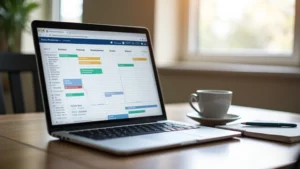 Close-up of a modern laptop displaying a digital academic calendar with color-coded course blocks, sitting on a wooden desk next to a coffee cup and notebook, natural lighting from window