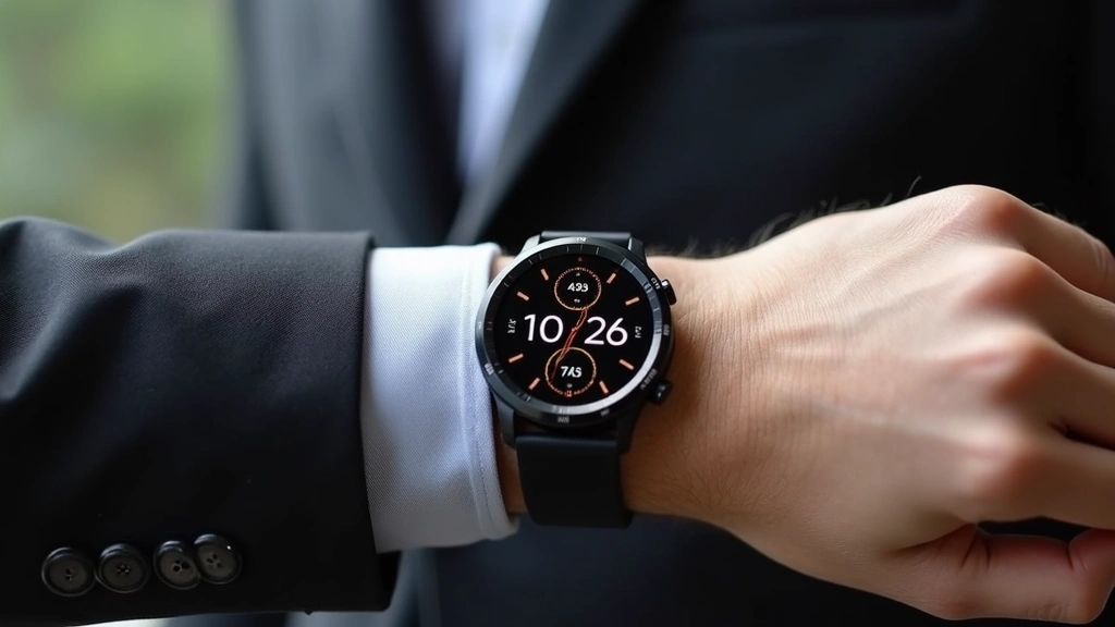 Premium stainless steel smartwatch with AMOLED display showing fitness metrics, modern minimalist design, on wrist of person in professional setting, natural lighting, sharp focus on watch face