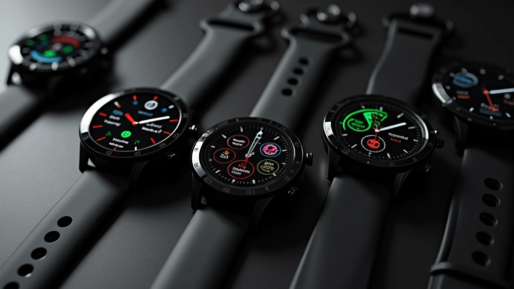 Multiple smartwatches arranged on dark surface showing different AMOLED screens with health data, battery indicators, time displays, professional product photography style, studio lighting, high contrast