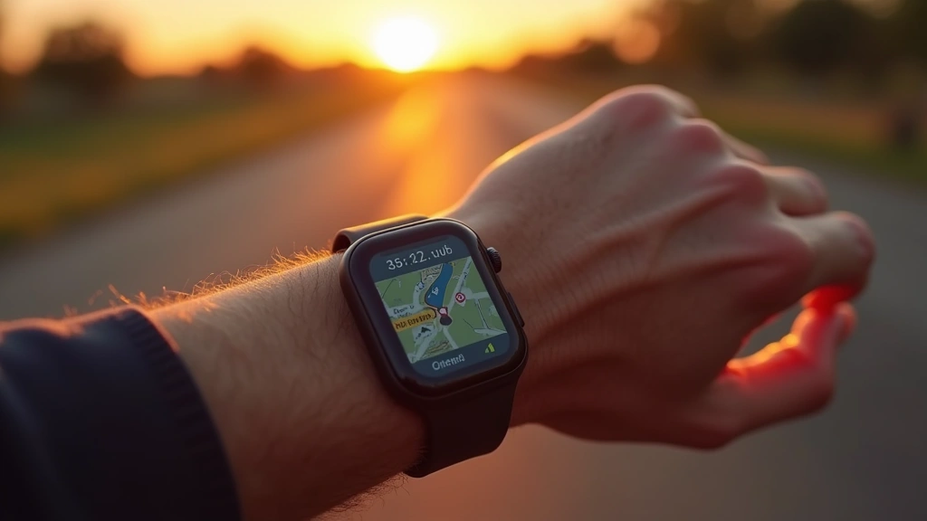 Smartwatch on athletic wrist during outdoor running activity, showing GPS route on display, sunrise or sunset background, motion blur effect, focused on watch screen clarity, real-world usage scenario