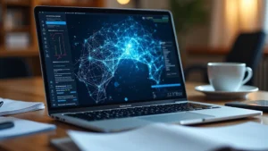 Sleek aluminum laptop with OLED display showing AI neural network visualization, surrounded by academic workspace elements like research papers and coffee