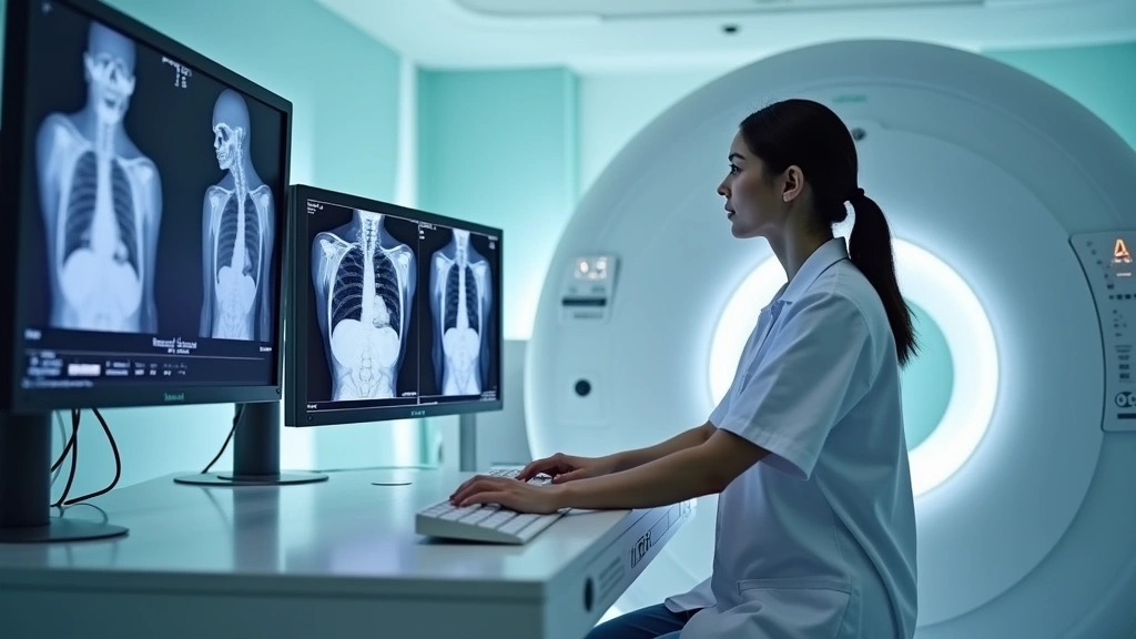 Professional radiologic technologist operating modern CT scanner in hospital imaging department, focused on control panel with multiple monitors displaying cross-sectional images, clinical setting with sterile environment