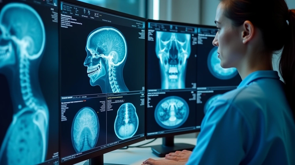 Close-up of advanced digital radiography console with technologist reviewing high-resolution diagnostic images on multiple displays, showing sophisticated imaging software interface and quality assurance workflow
